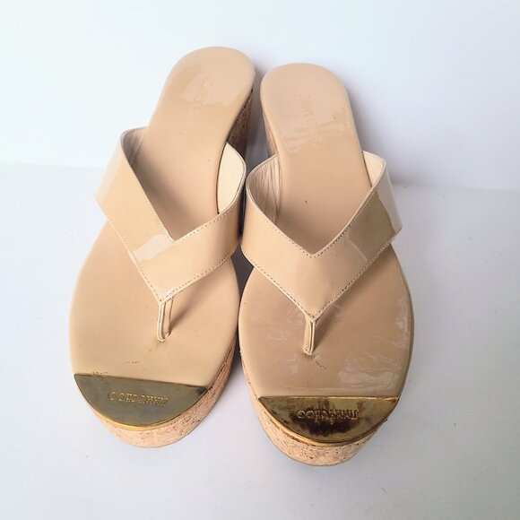 Jimmy Choo Tan Cream Patent Leather Cork Platform Thong Sandals Size EU 38 - Picture 5 of 11
